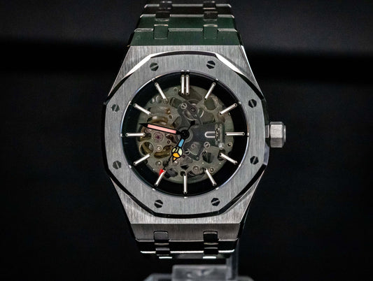 Seiko Mod Oak Skeleton Silver front view showcasing skeleton dial and octagonal case