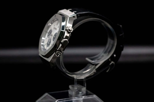 Seiko Mod Royal Oak Panda Chronograph side view showcasing its stylish leather strap and precision features.