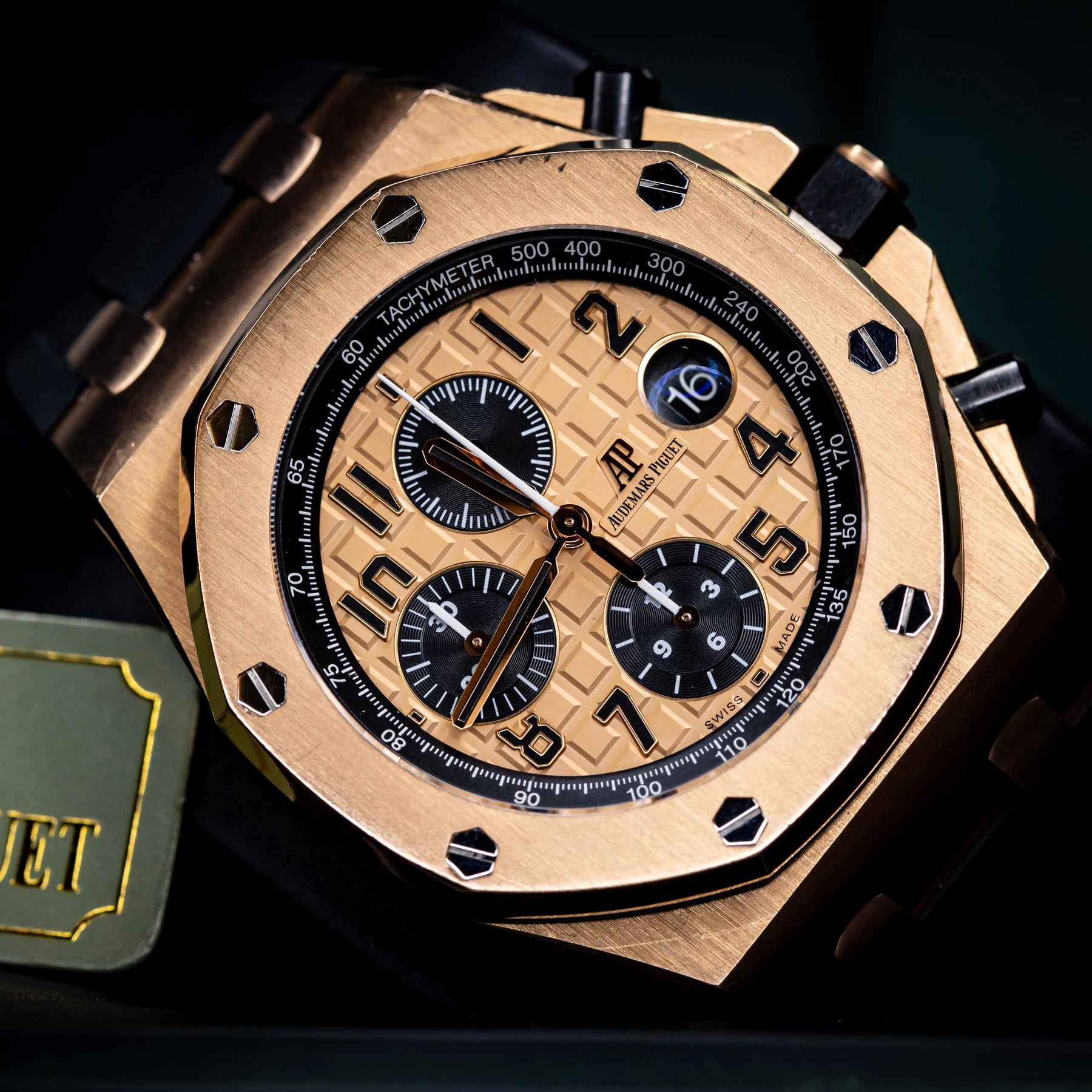 Audemars Piguet Royal Oak Offshore Chronograph 42mm displaying rose gold finish and black straps.