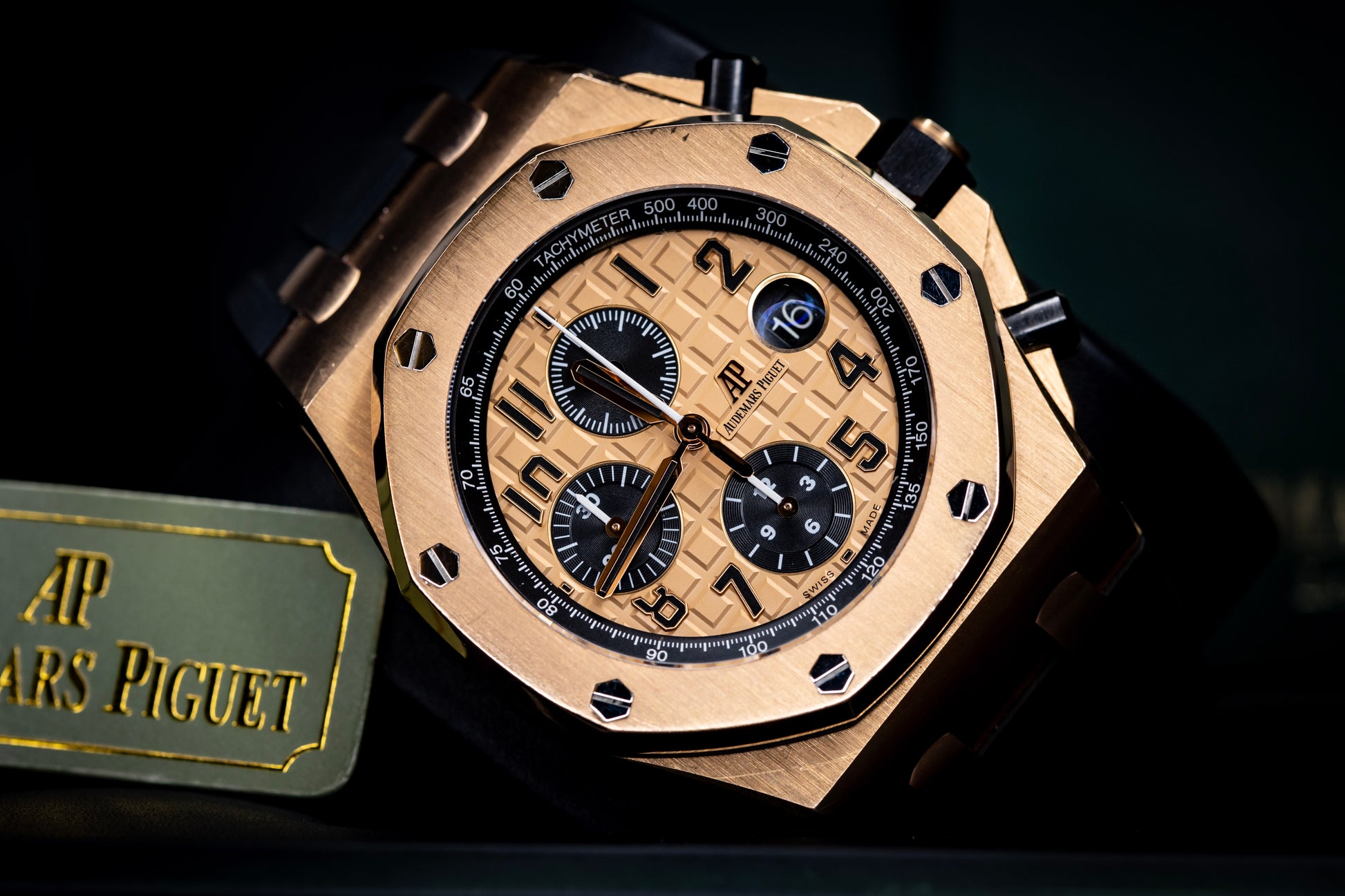 Audemars Piguet Royal Oak Offshore Chronograph 42mm displaying rose gold finish and black straps.