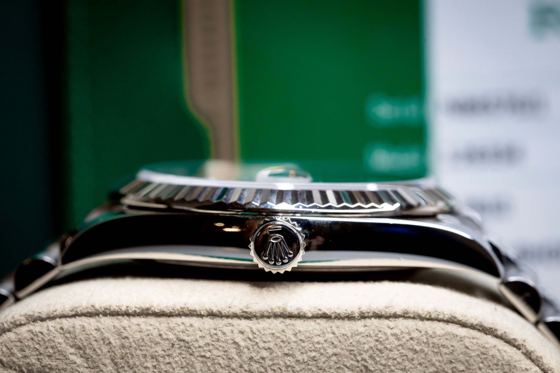 2020 Rolex DateJust 41 Slate Dial Fluted Bezel Jubilee 126334 – Full Set side view on display