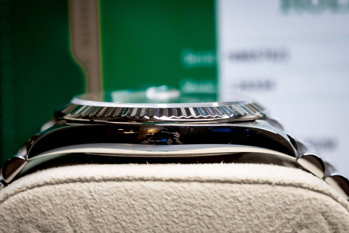 2020 Rolex DateJust 41 Slate Dial Fluted Bezel Jubilee 126334 – Full Set side view showcasing the fluted bezel.