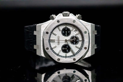 Seiko Mod Royal Oak Chrono Panda watch with silver dial, black leather strap, displaying chronograph features.