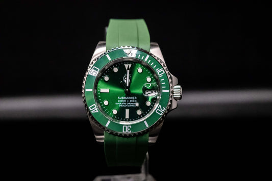 KWC Hulk Diver watch with green bezel and dial, stainless steel case, and green rubber strap.