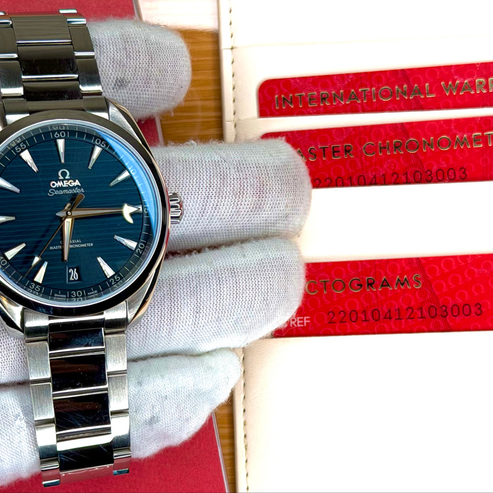 Beijing 2022 Olympic Seamaster watch displayed with international warranty and chronometer card.