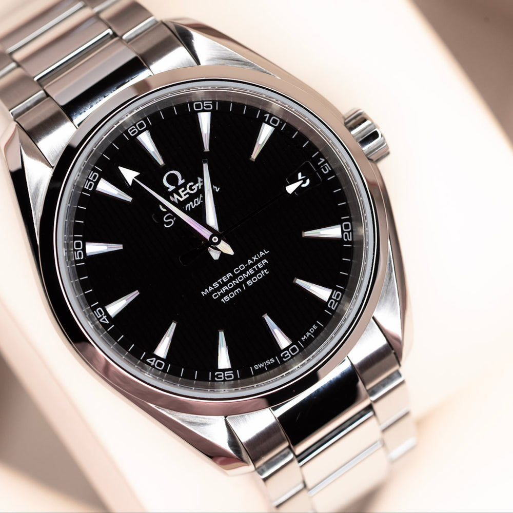 2024 Omega Seamaster Aqua Terra collection mid-size watch with black dial and stainless steel bracelet.
