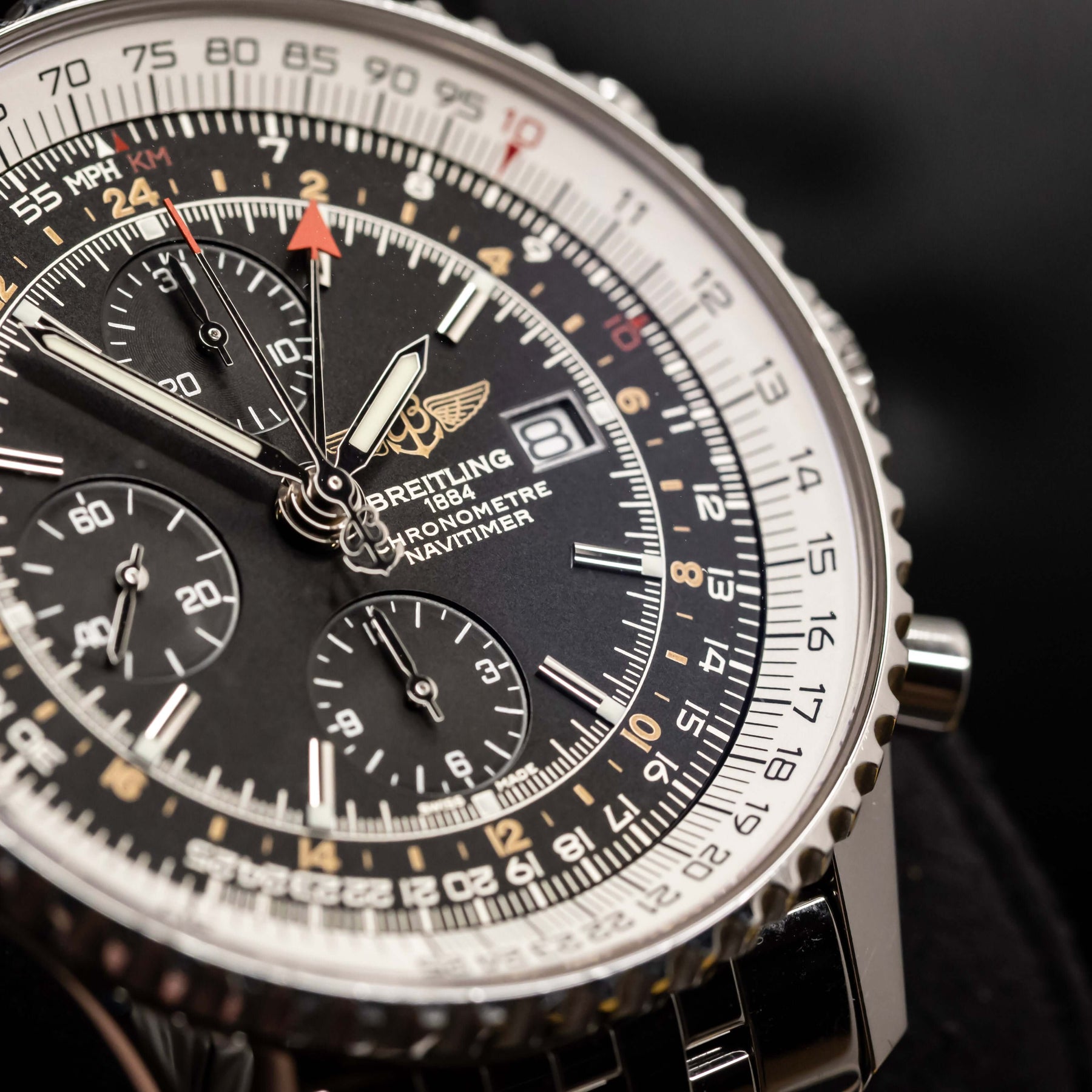 Breitling Navitimer World Chronograph GMT 46 mm black dial with stainless steel case and slide-rule bezel