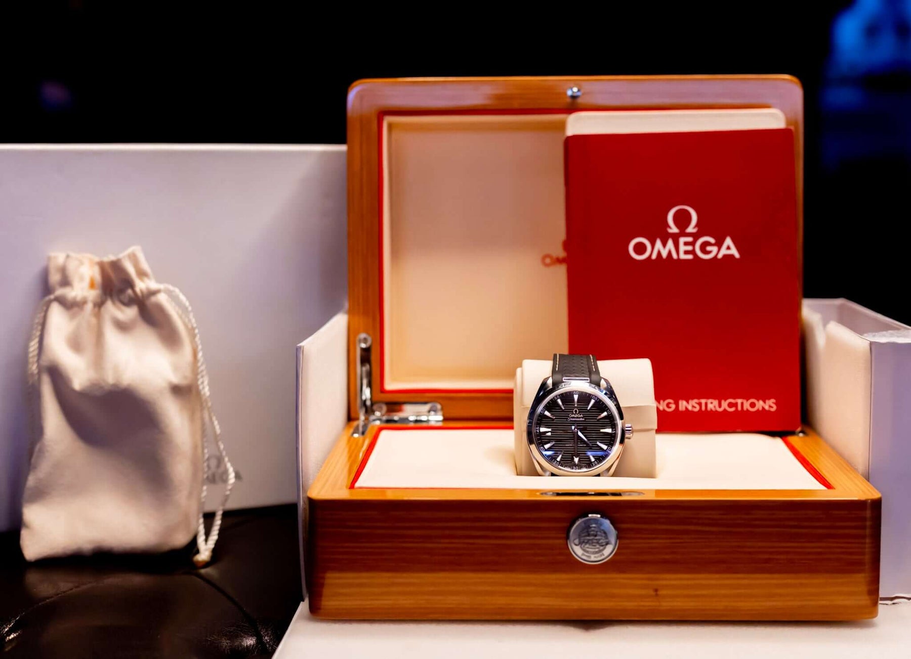 2022 Omega Seamaster Aqua Terra watch in box with manuals and pouch.