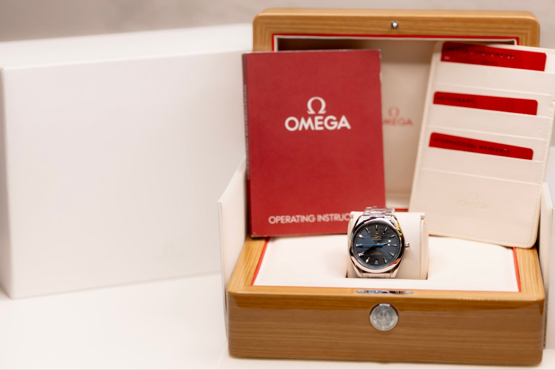 2023 Omega Seamaster Aqua Terra 41mm in wooden box with instructions and warranty cards.