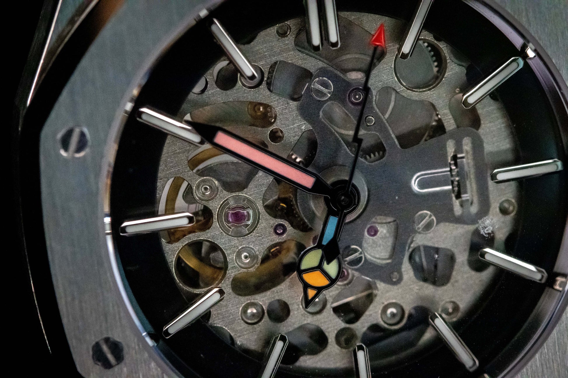 Close-up of skeleton dial on Seiko Mod Oak Silver showing mechanical movement