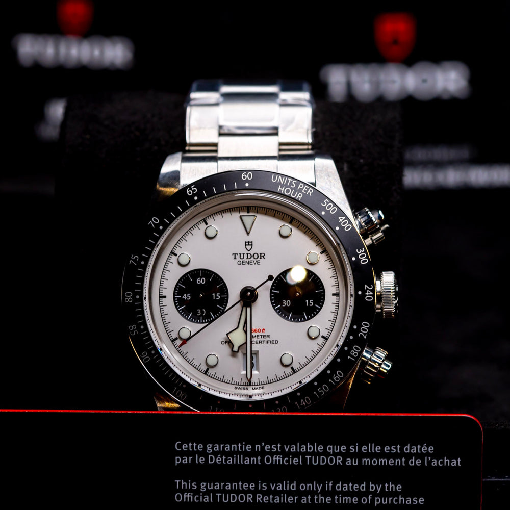 Tudor Black Bay Chrono Panda watch displayed with original box and papers in amazing condition.