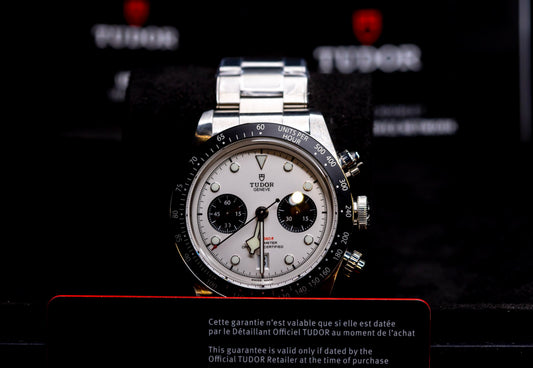 Tudor Black Bay Chrono Panda watch displayed with original box and papers in amazing condition.