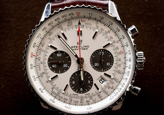 Breitling Navitimer 1 B01 Chronograph 43mm  Ref:AB0121211G1P1 close-up of the dial and chronograph features.