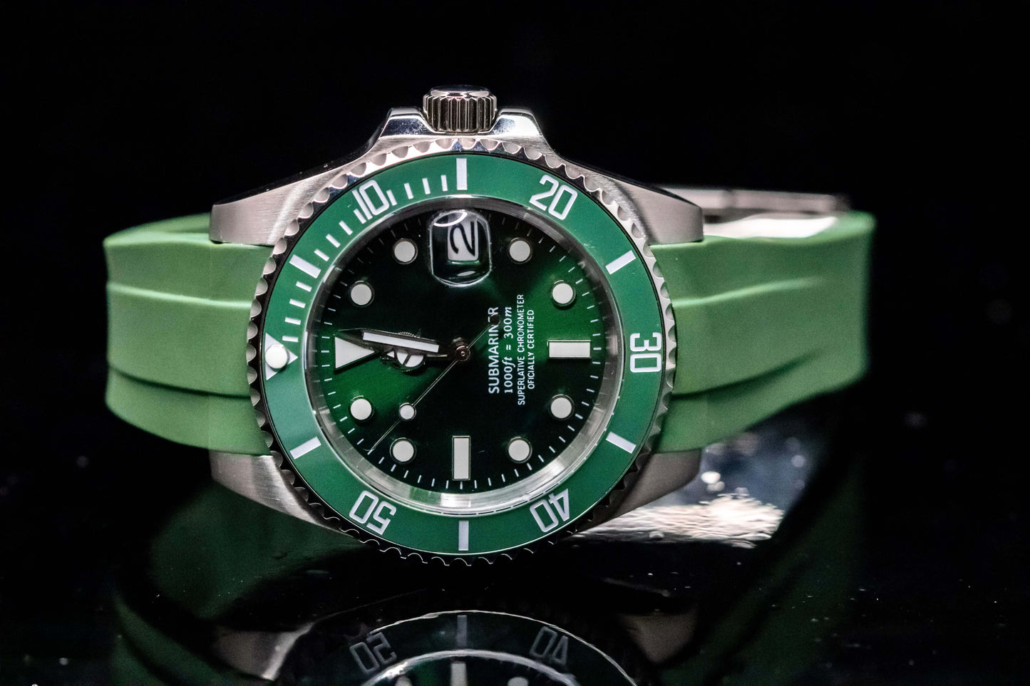 KWC Hulk Diver watch with green bezel and rubber strap, showcasing luxurious modern design and craftsmanship.