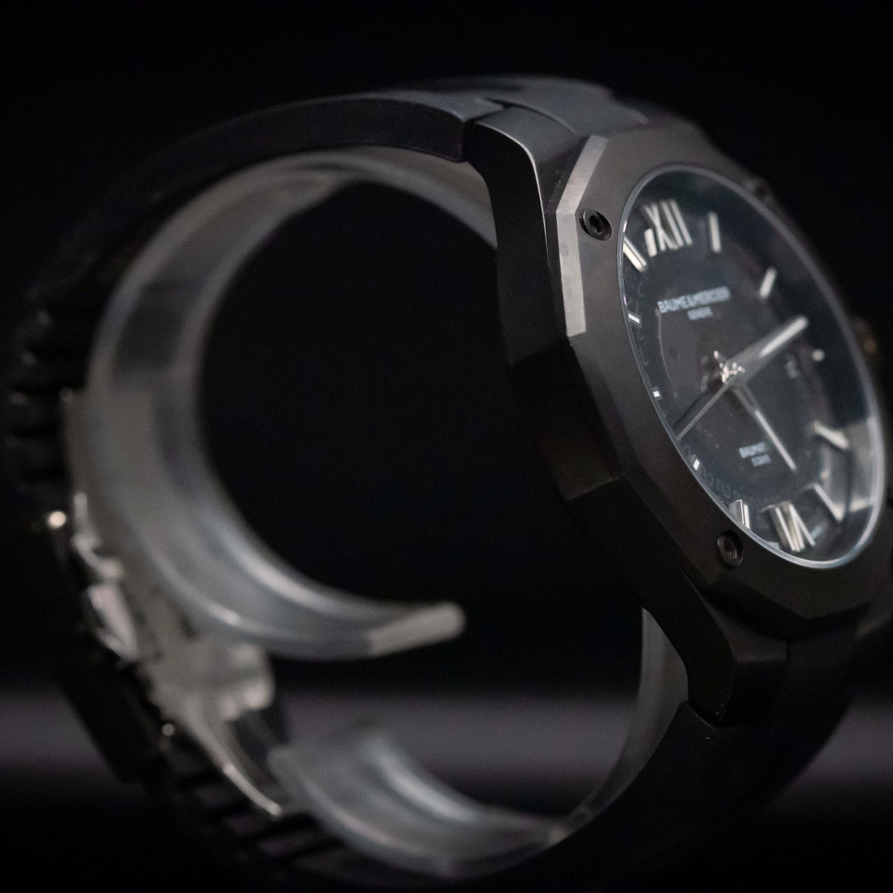 Baume & Mercier Riviera Automatic Skeleton watch showcasing black-steel ADLC case and dial design.