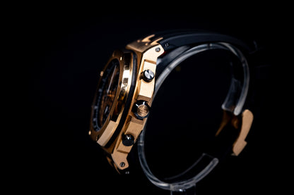 Audemars Piguet Royal Oak Offshore Chronograph 42mm Rose Gold side view showcasing its elegant design and features.