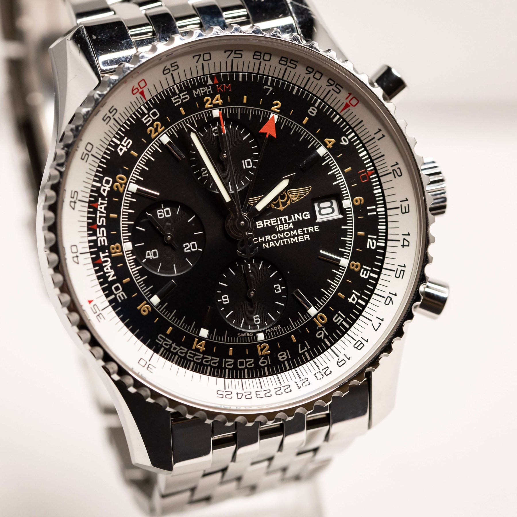 Breitling Navitimer World Chronograph GMT 46 mm with black dial and slide-rule bezel on stainless-steel bracelet