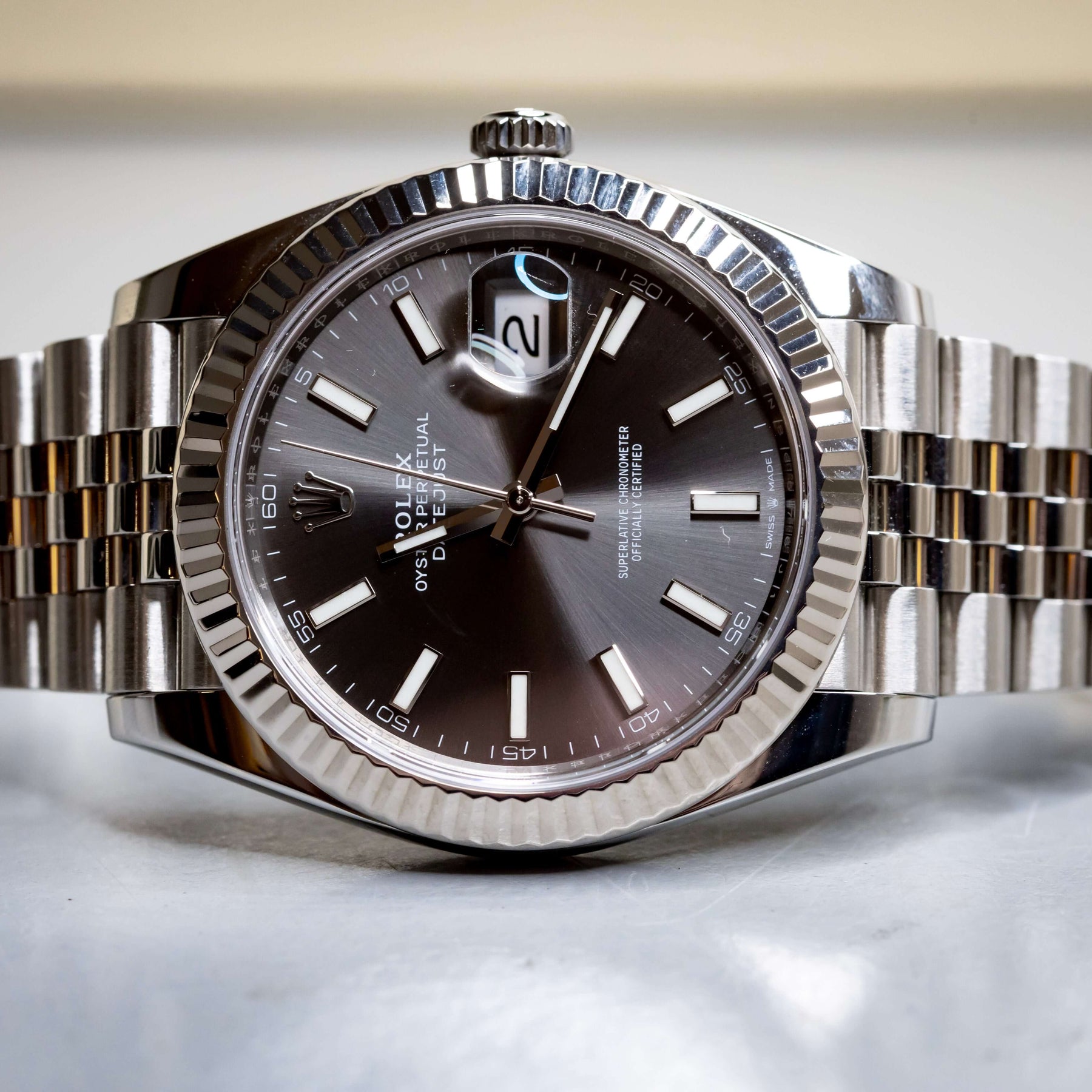 2020 Rolex DateJust 41 Slate Dial Fluted Bezel Jubilee 126334 – Full Set on a silver Jubilee bracelet.