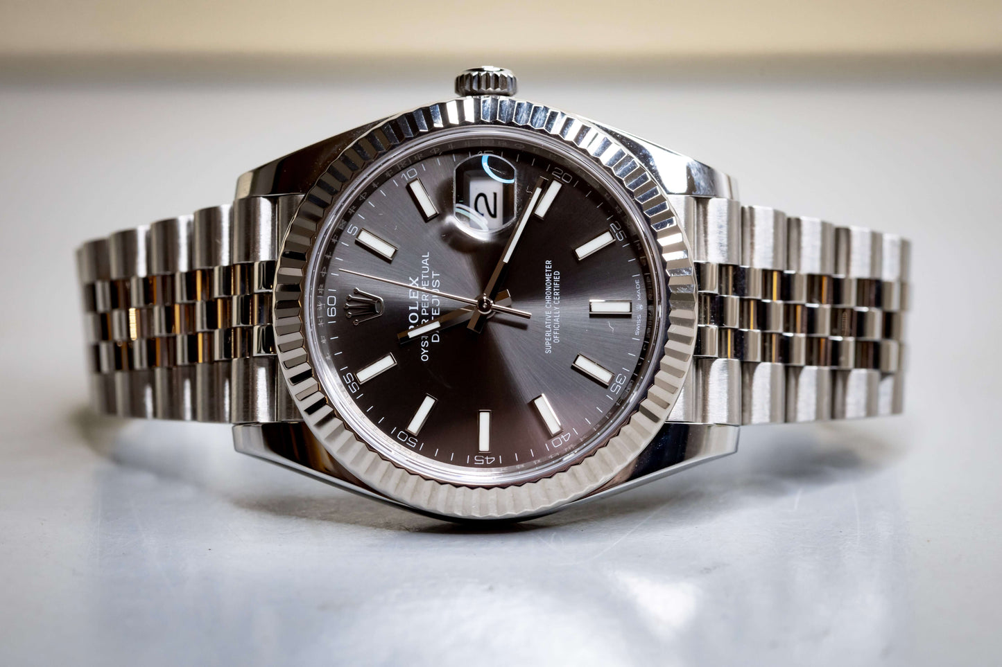 2020 Rolex DateJust 41 Slate Dial Fluted Bezel Jubilee 126334 – Full Set on a silver Jubilee bracelet.