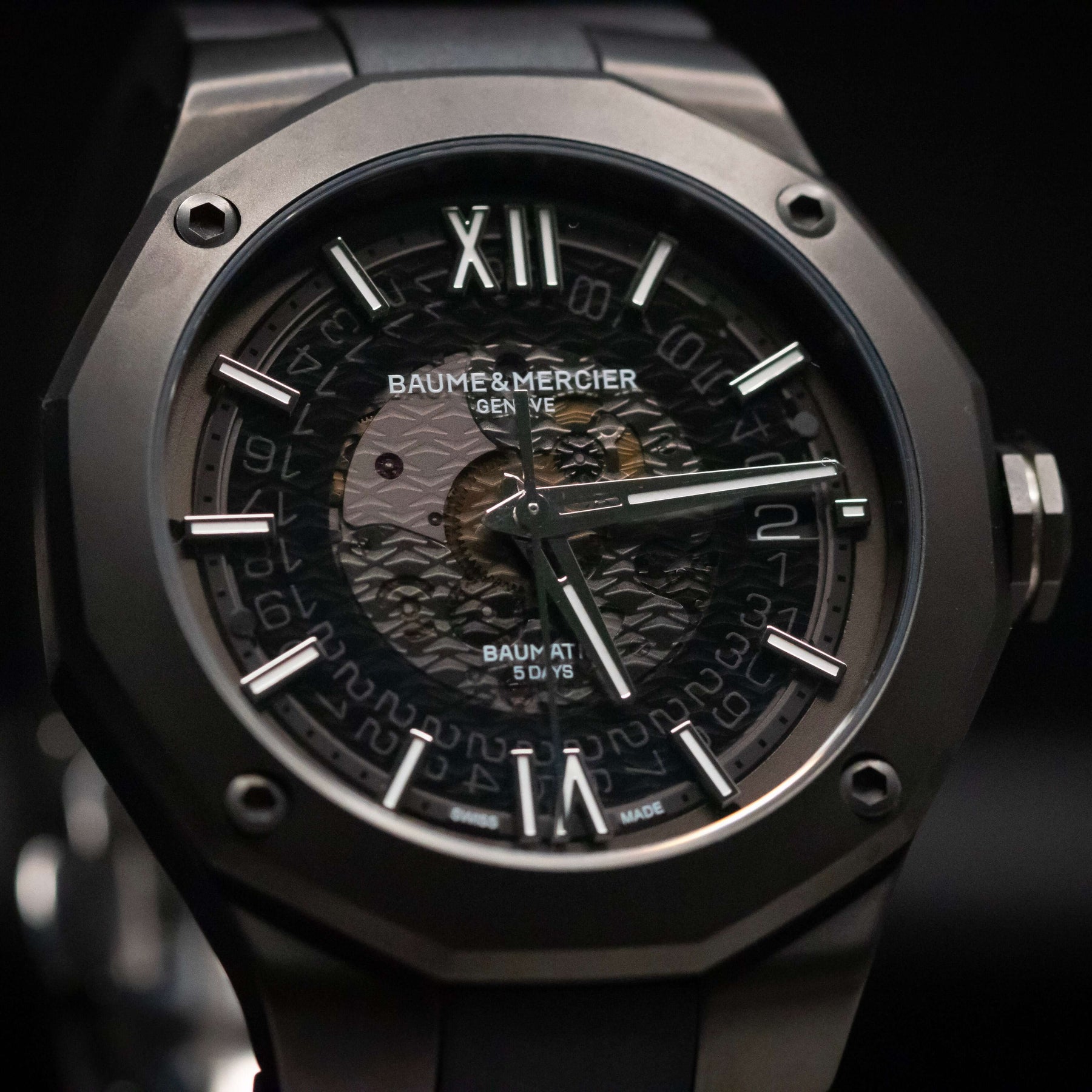Baume & Mercier Riviera Automatic Skeleton watch Black-Steel ADLC (Ref. 10617) showcasing bold design and Swiss precision.