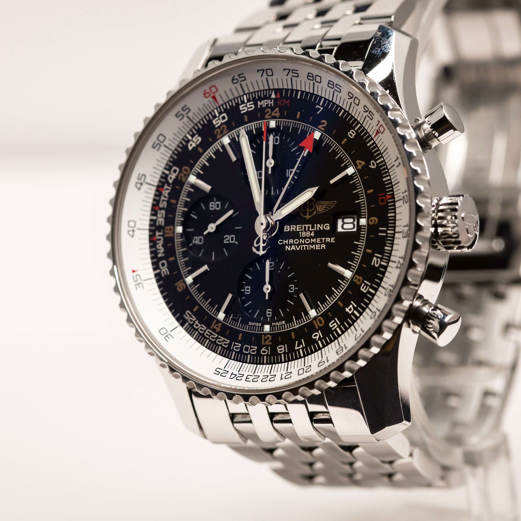 Breitling Navitimer World Chronograph GMT 46 mm with black dial and stainless-steel case.