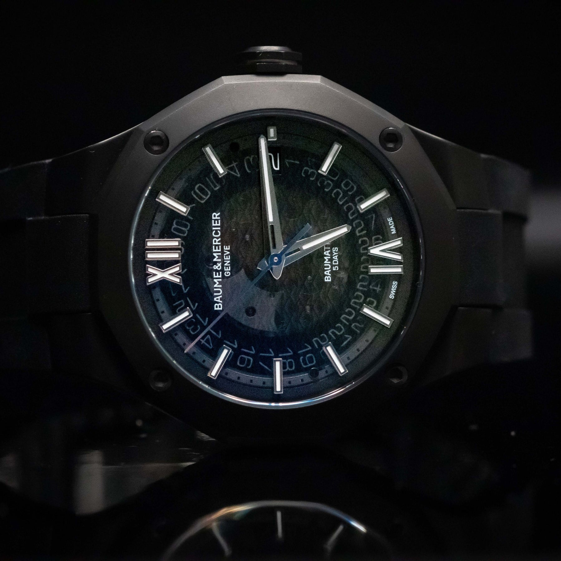 Baume & Mercier Riviera Automatic Skeleton watch Black-Steel ADLC (Ref. 10617) on a dark background.