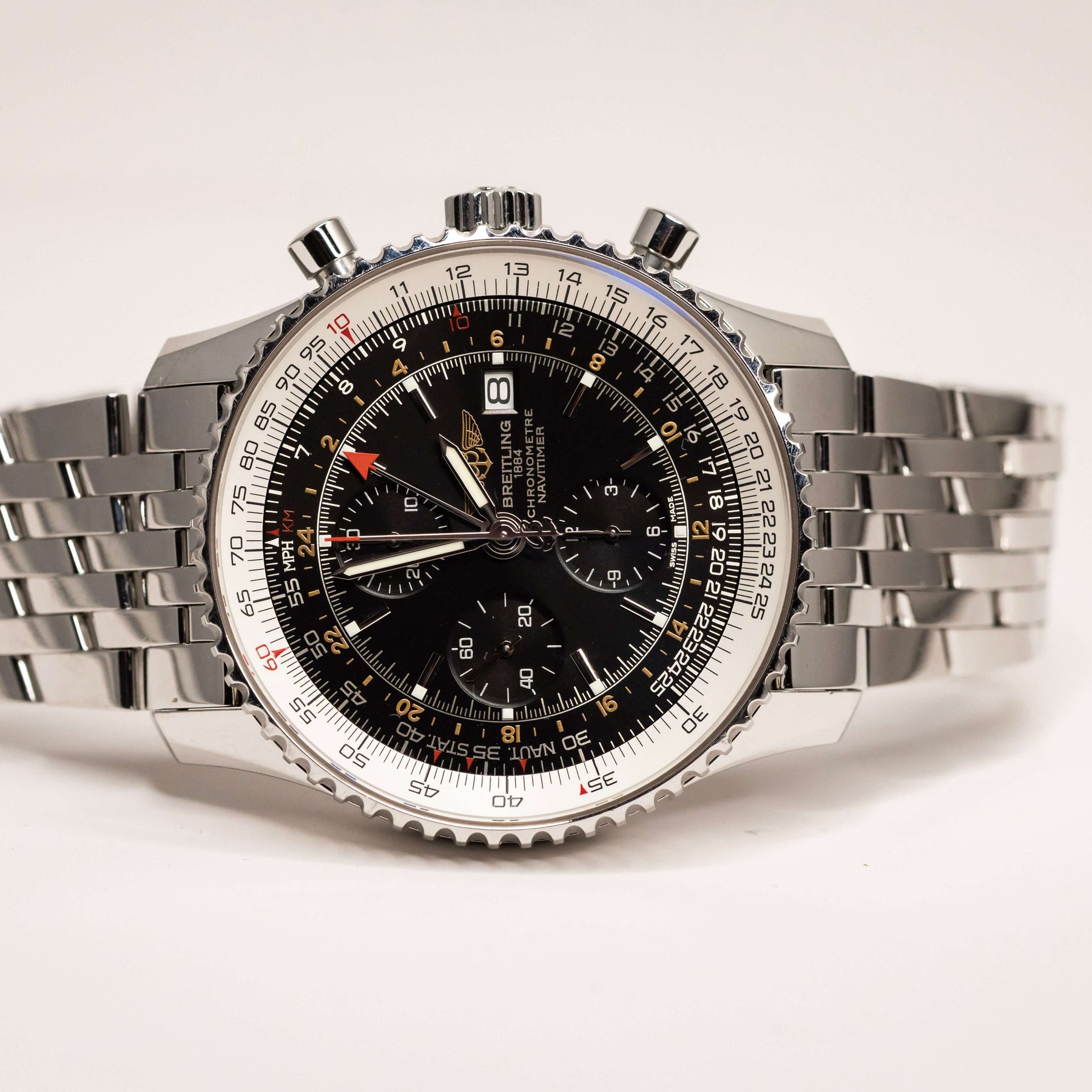 Breitling Navitimer World Chronograph GMT 46 mm with black dial and stainless-steel bracelet.
