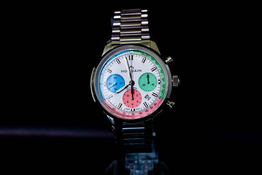 Norqain Freedom 60 Chrono Ice Cream Limited Edition with colorful dials and a stainless steel bracelet.