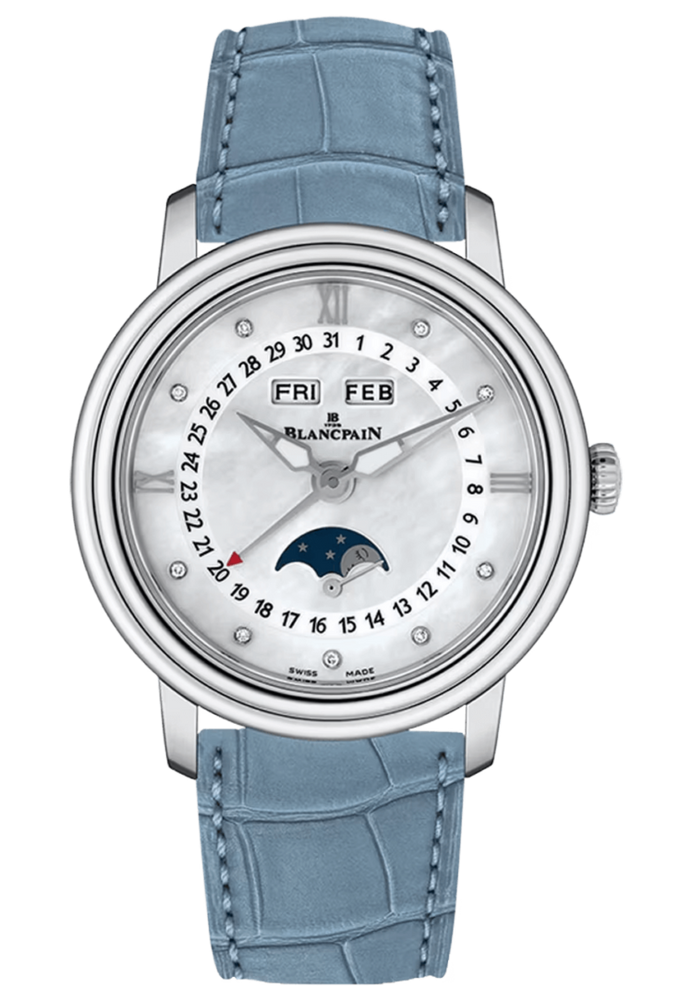 Blancpain Ladybird Quantieme Complet Blue Alligator Mother of Pearl Ladies Watch - 3663 1154 95A