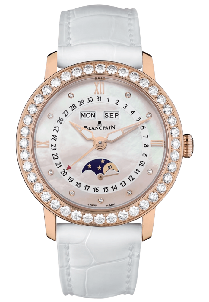 Blancpain Ladybird Quantieme Complet Red Gold Diamond White Alligator Ladies Watch - 3663 2954 55B