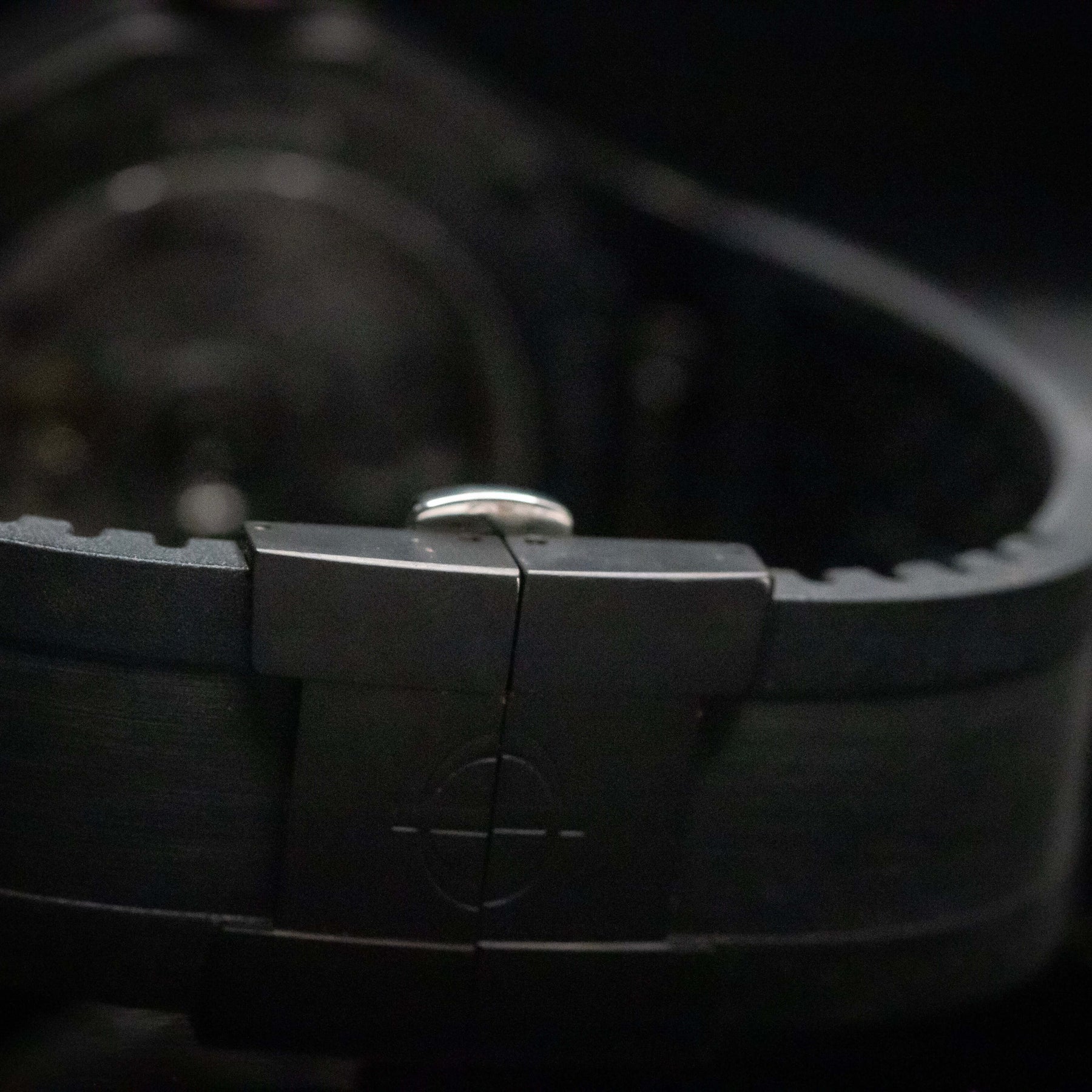Close-up of the strap buckle of the Baume & Mercier Riviera Automatic Skeleton watch in Black-Steel ADLC finish.