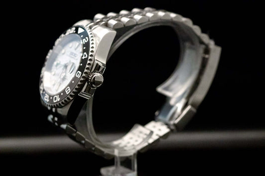 Seiko Mod Bruce GMT watch showcasing meteorite dial and ceramic bezel, designed by Kingdom Watch Company.