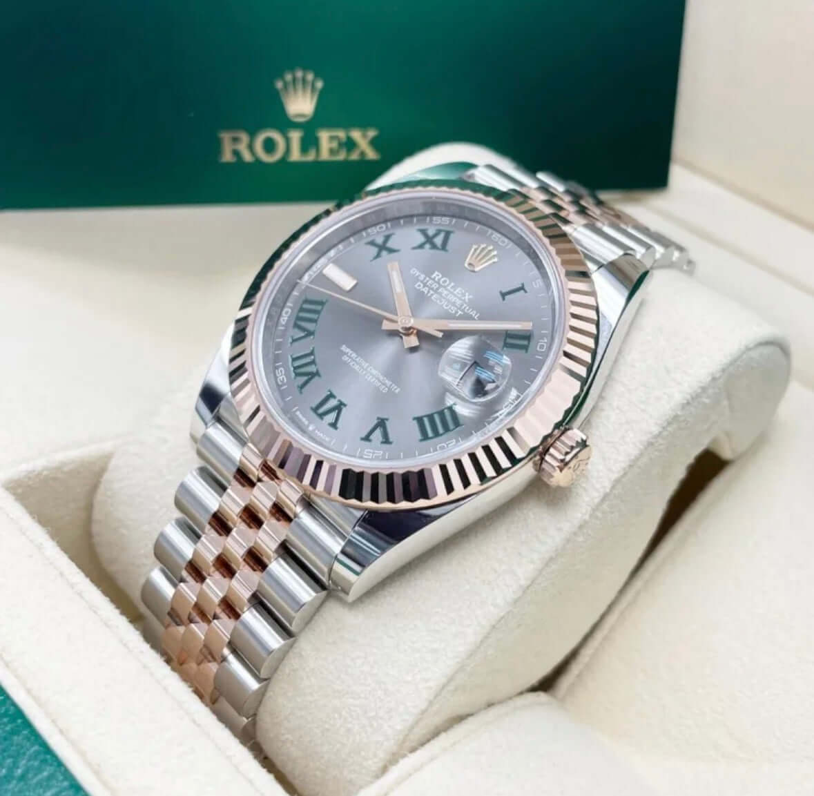Rolex Datejust 41 Wimbledon 126331 Two Tone Everose Pink Gold with slate grey dial and green Roman numerals.
