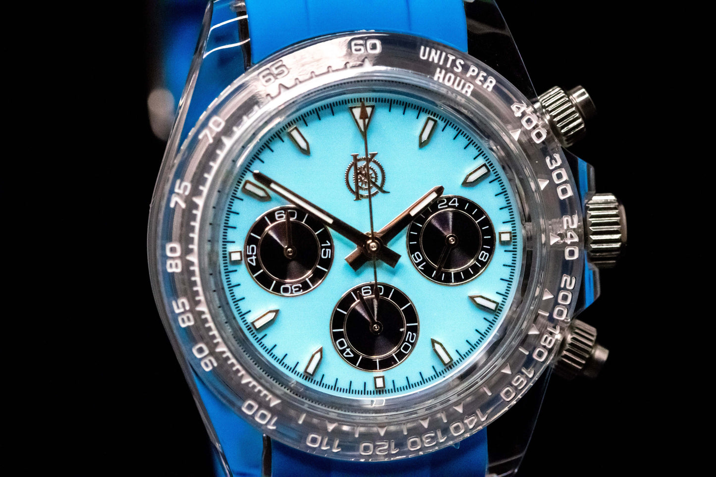 KWC Blue Ceramic Chronograph with light blue dial and black sub-dials, showcasing modern design and robust style.