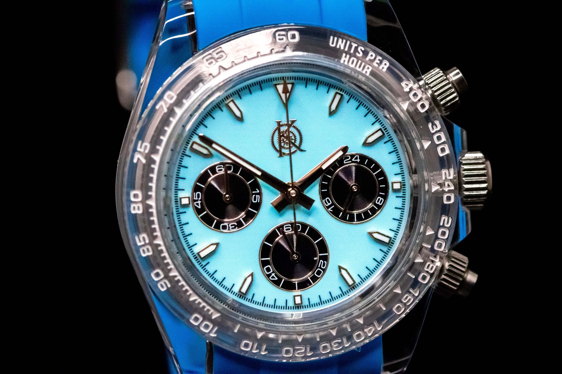 KWC Blue Ceramic Chronograph with light blue dial and black sub-dials, showcasing modern design and robust style.
