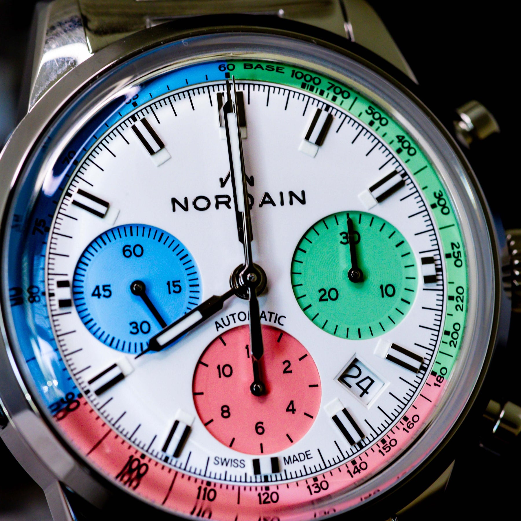 Norqain Freedom 60 Chrono Ice Cream Limited Edition watch face featuring colorful dials and automatic movement.