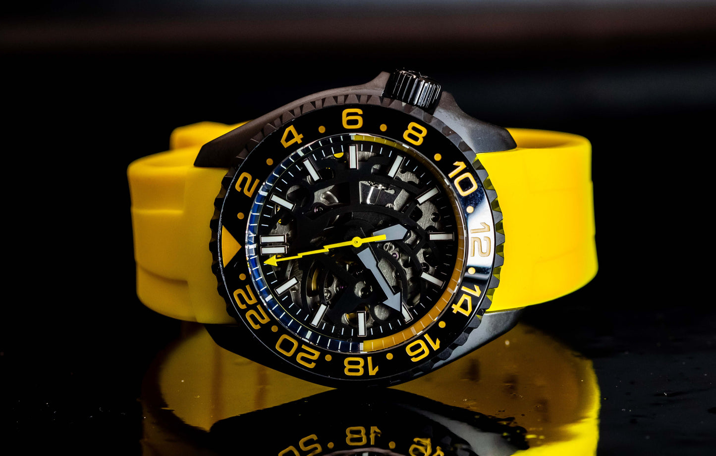 Seikomod Yellow Skeleton SKX watch with black stainless steel case and vibrant yellow silicone strap.