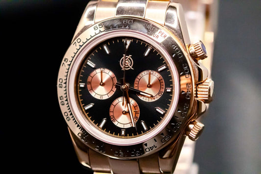 Kingdom 7750 Automatic Chronograph in rose gold with black dial and three sub-dials, showcasing luxury and precision.