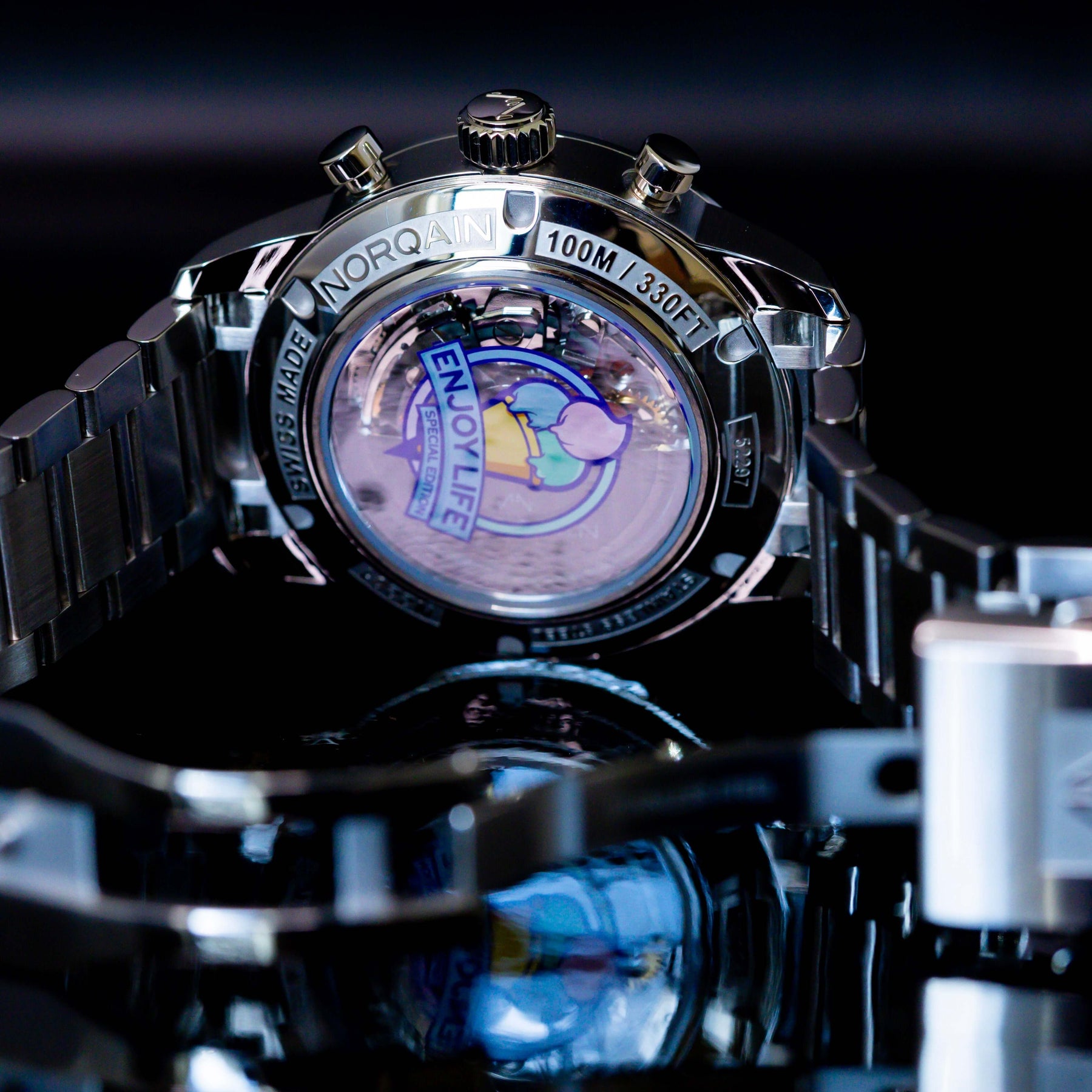 Norqain Freedom 60 Chrono Ice Cream Limited Edition watch showcasing its detailed back and craftsmanship.