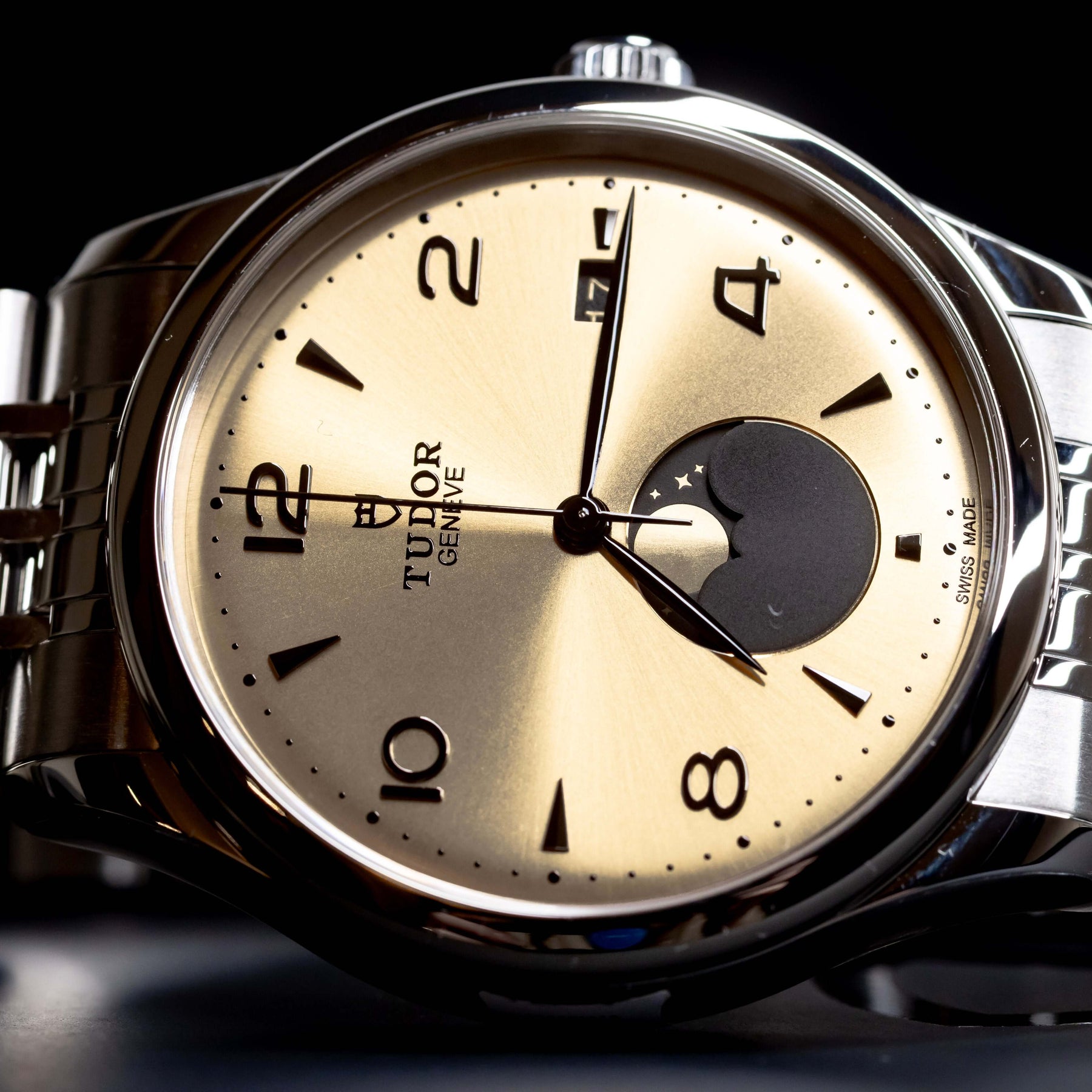 Tudor 1926 Luna 39mm Champagne Dial Stainless Steel watch with moon phase feature.