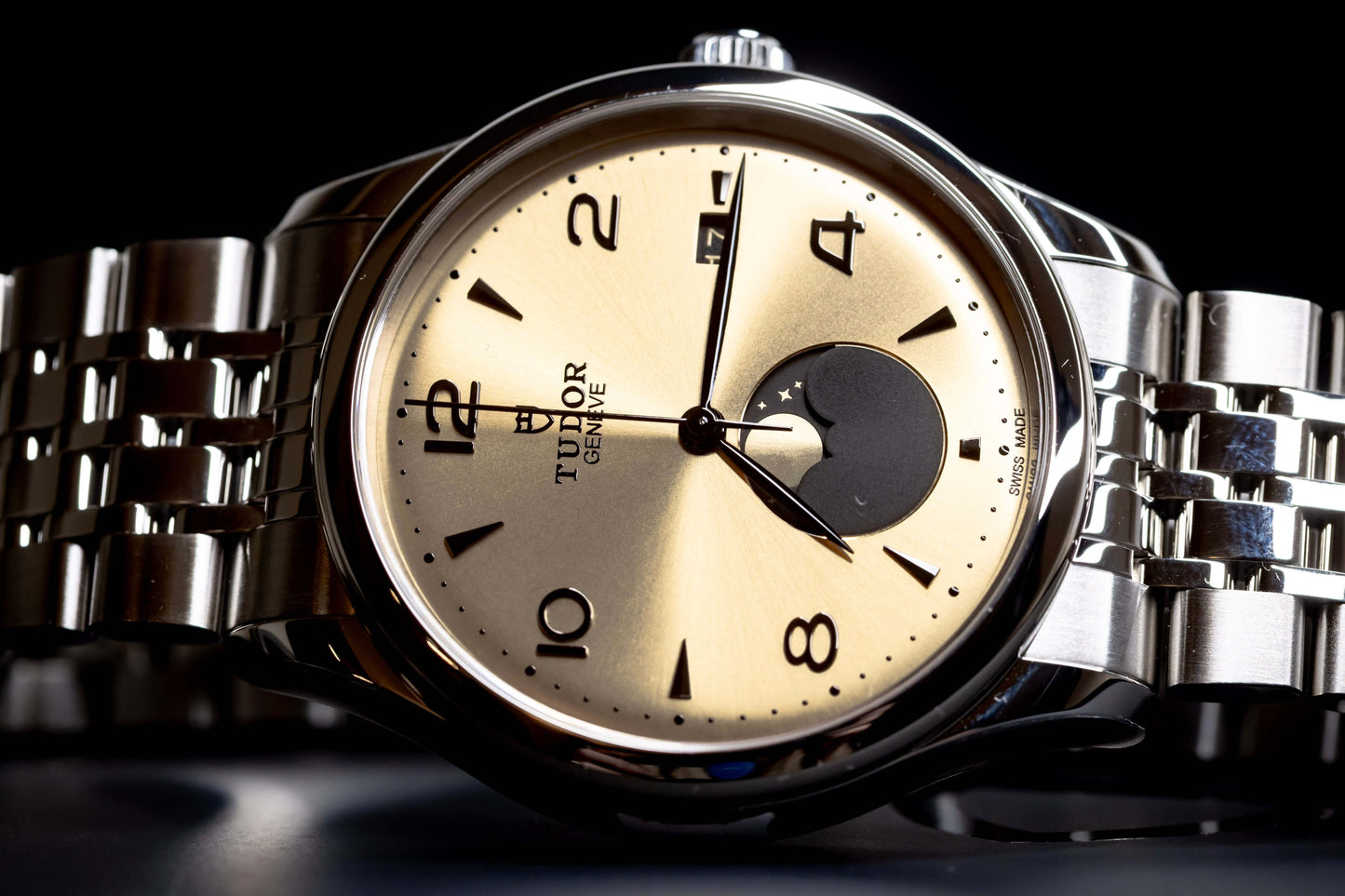 Tudor 1926 Luna 39mm Champagne Dial Stainless Steel watch with moon phase feature.
