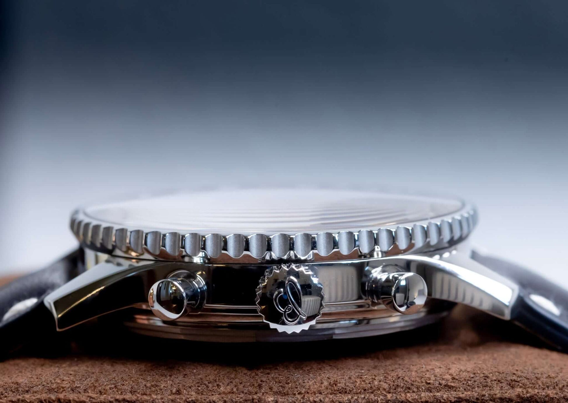 Breitling Navitimer 01 Stratus Gray limited edition close-up of the watch case and crown features.