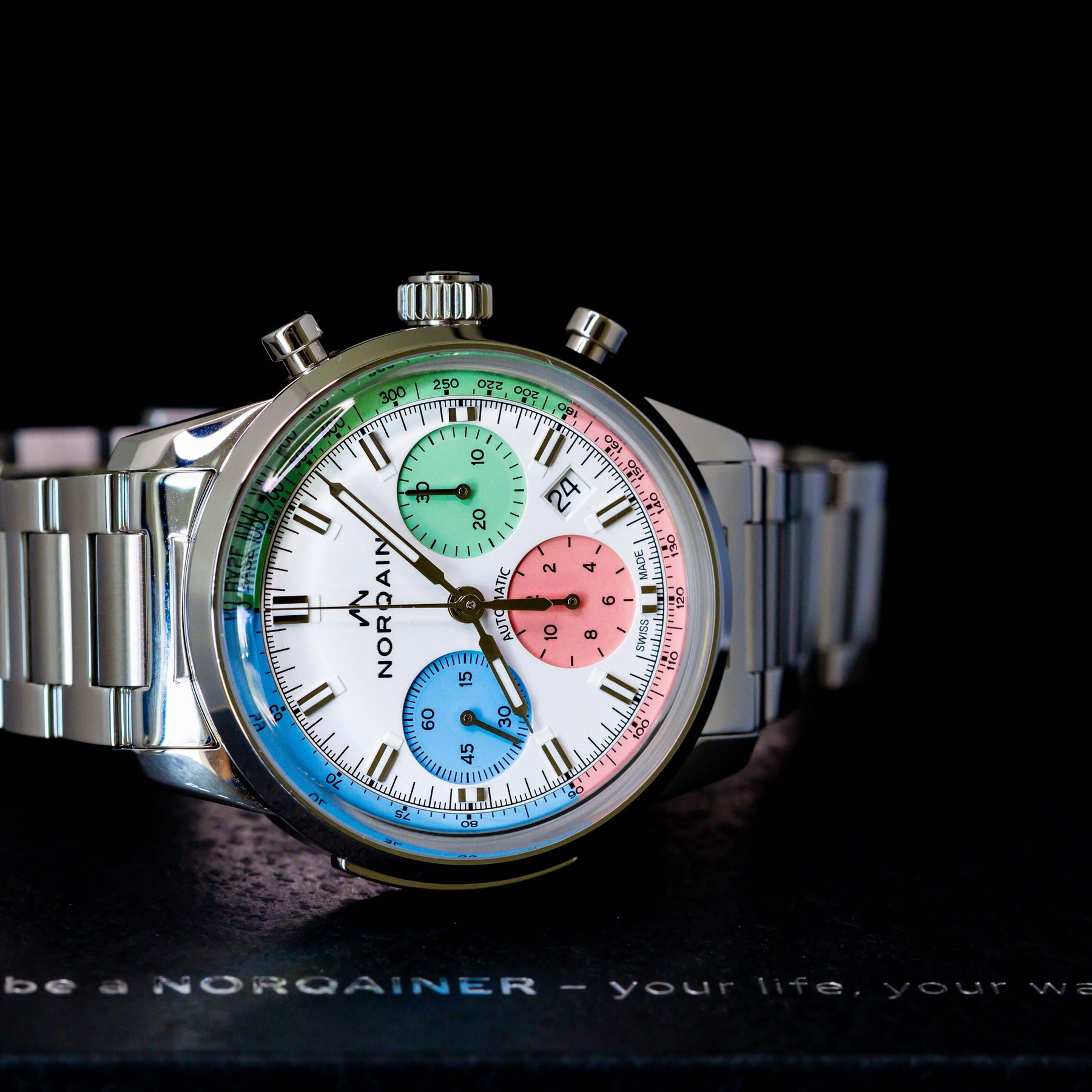 Norqain Freedom 60 Chrono Ice Cream Limited Edition watch showcasing colorful dials and stainless steel bracelet.