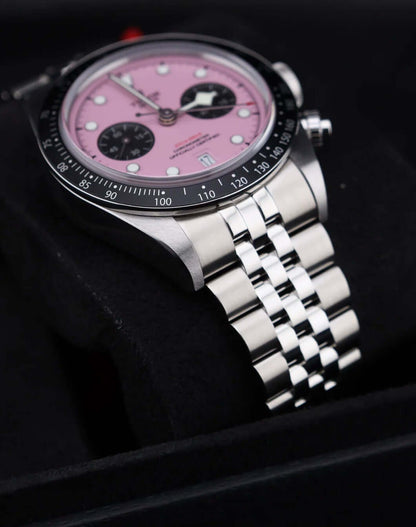 Tudor Black Bay Chrono Pink 79360N watch with pink dial and stainless steel bracelet in black box