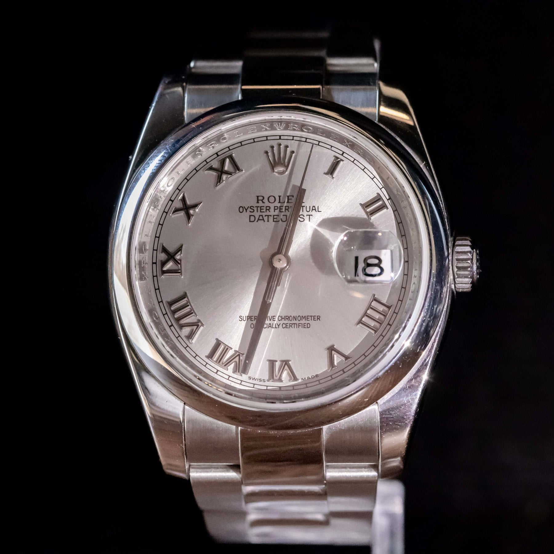Rolex Datejust 36 full set with silver Roman numeral dial and Oystersteel case.