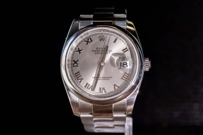 Rolex Datejust 36 full set with silver Roman numeral dial and Oystersteel case.