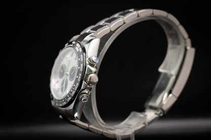 Kingdom 7750 Automatic Chronograph watch side view showcasing stainless steel design and chronograph features.