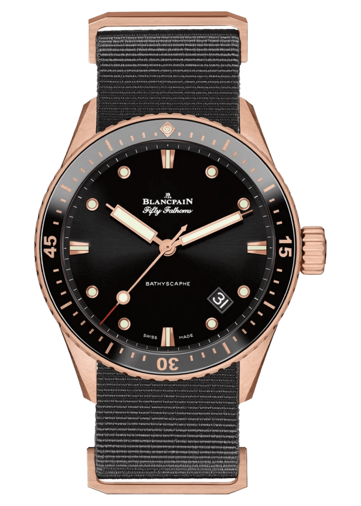 Blancpain Fifty Fathoms Bathyscaphe Sedna Gold Black NATO Men's Watch - 5000 36S30 NABA