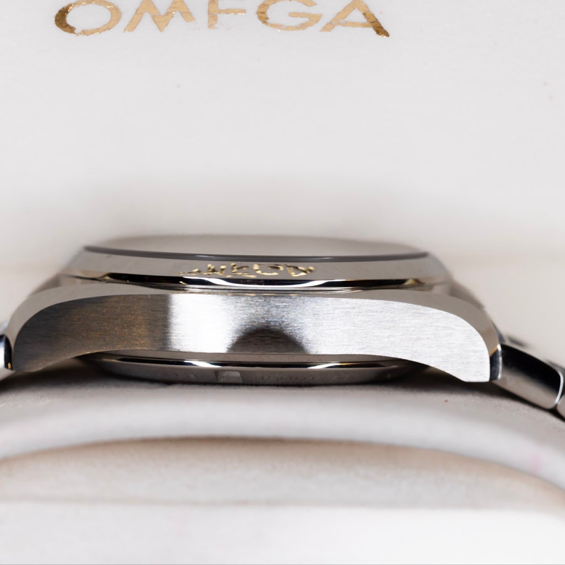 Close-up of the case of an Omega Seamaster Aqua Terra 2016 watch showcasing its polished design and craftsmanship.