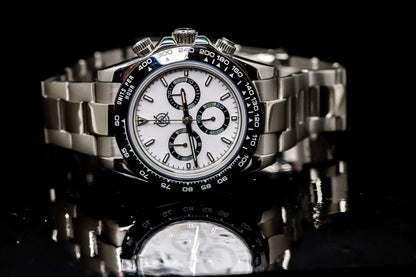 Kingdom 7750 Automatic Chronograph watch with white face and stainless steel bracelet, showcasing Swiss precision and durability.